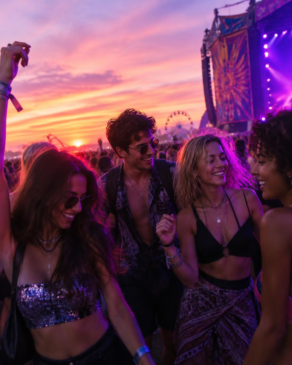 Amigos dançando no festival ao pôr do sol